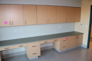 Exam room with counters and closed cupboards