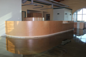 Reception area with curved wood partition